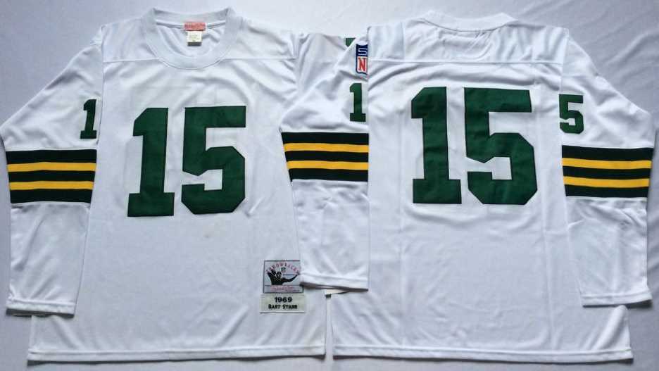 Packers 15 Bart Starr White Long Sleeve M&N Throwback Jersey->nfl m&n throwback->NFL Jersey